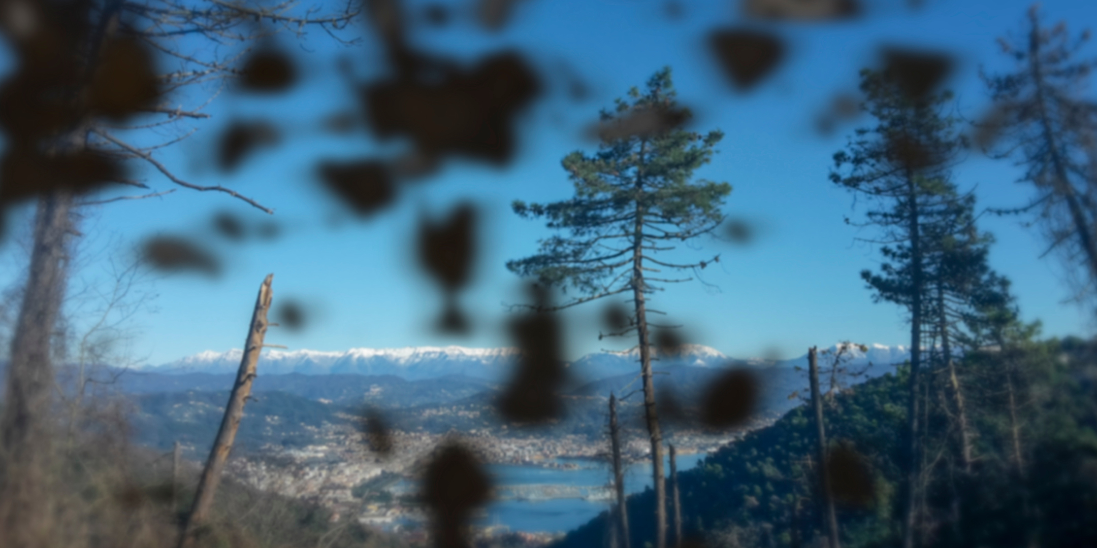 A landscape seen through dark blotches and haze, simulating vision with diabetic retinopathy